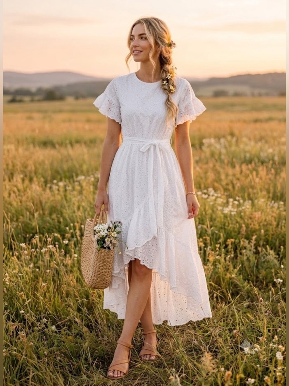 Rachel Parcell White Cotton Eyelet Midi Dress Ruffle Garden Wedding Cottage XL